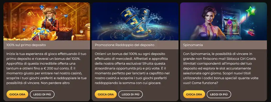 Pagina delle offerte promozionali sul casinò Winorama con bonus di benvenuto, giri gratuiti e offerte speciali