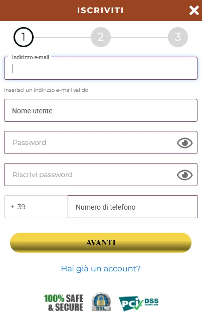 Modulo di registrazione sul sito Winorama per creare un nuovo account casinò con campi email, username e password