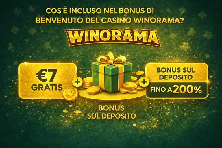 Contenuto del pacchetto bonus di benvenuto Winorama con offerta senza deposito, match sul deposito e giri gratuiti